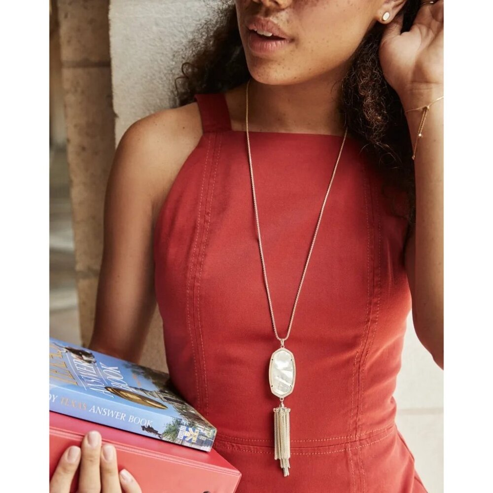 Kendra Scott Rayne Necklace 14k Gold Plated Brass Slate Cats Eye Pendant Tassel - Picture 7 of 13